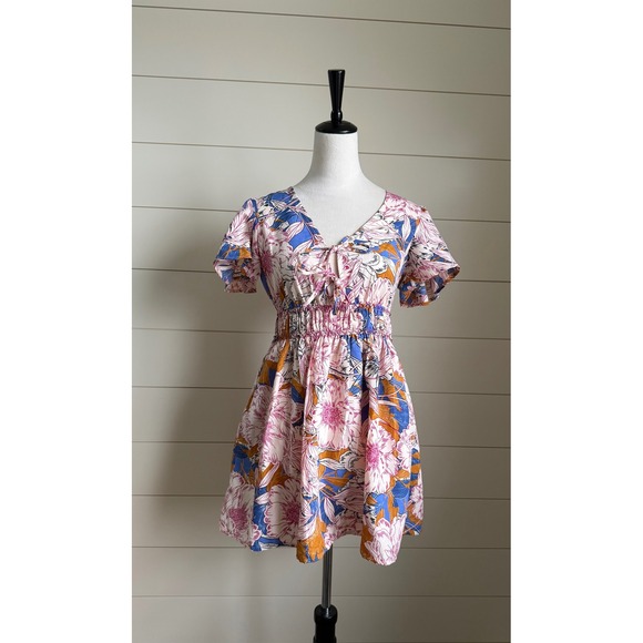Band Of The Free Dresses & Skirts - Band of the Free Floral Smocked Mini Dress Pink Blue Ochre Small NWT